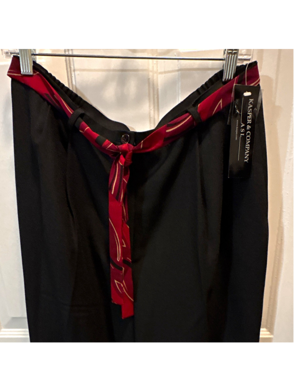 Kasper & Company Black Dress Pants 16 Elastic Waist Tie Accent Flat Front